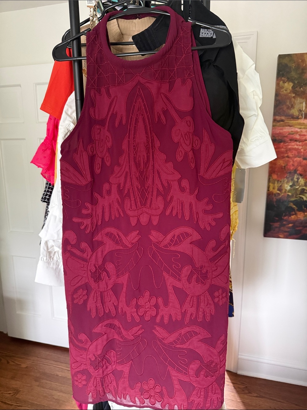 Astr Sleeveless Embroidered Burgundy Mini Dress
